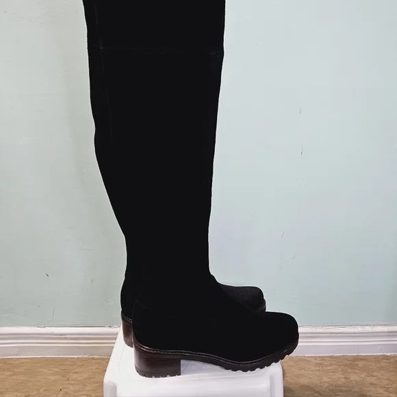 NEW STUART WEITZMAN Blaire City Black Suede Leather OTK Tie Block Heel Boots 9.5 - Picture 3 of 13